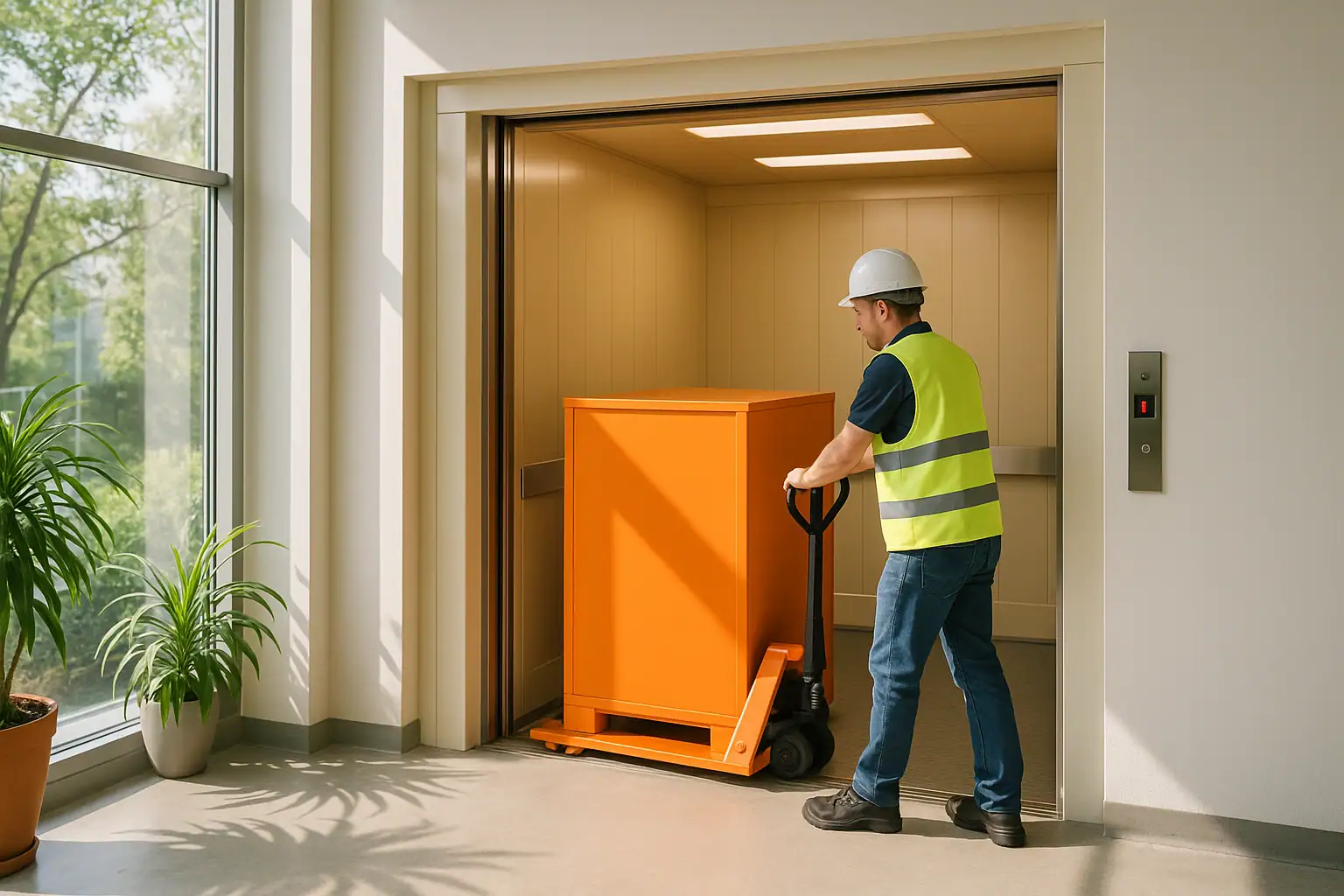 Heavy-duty cargo lift in a logistics warehouse