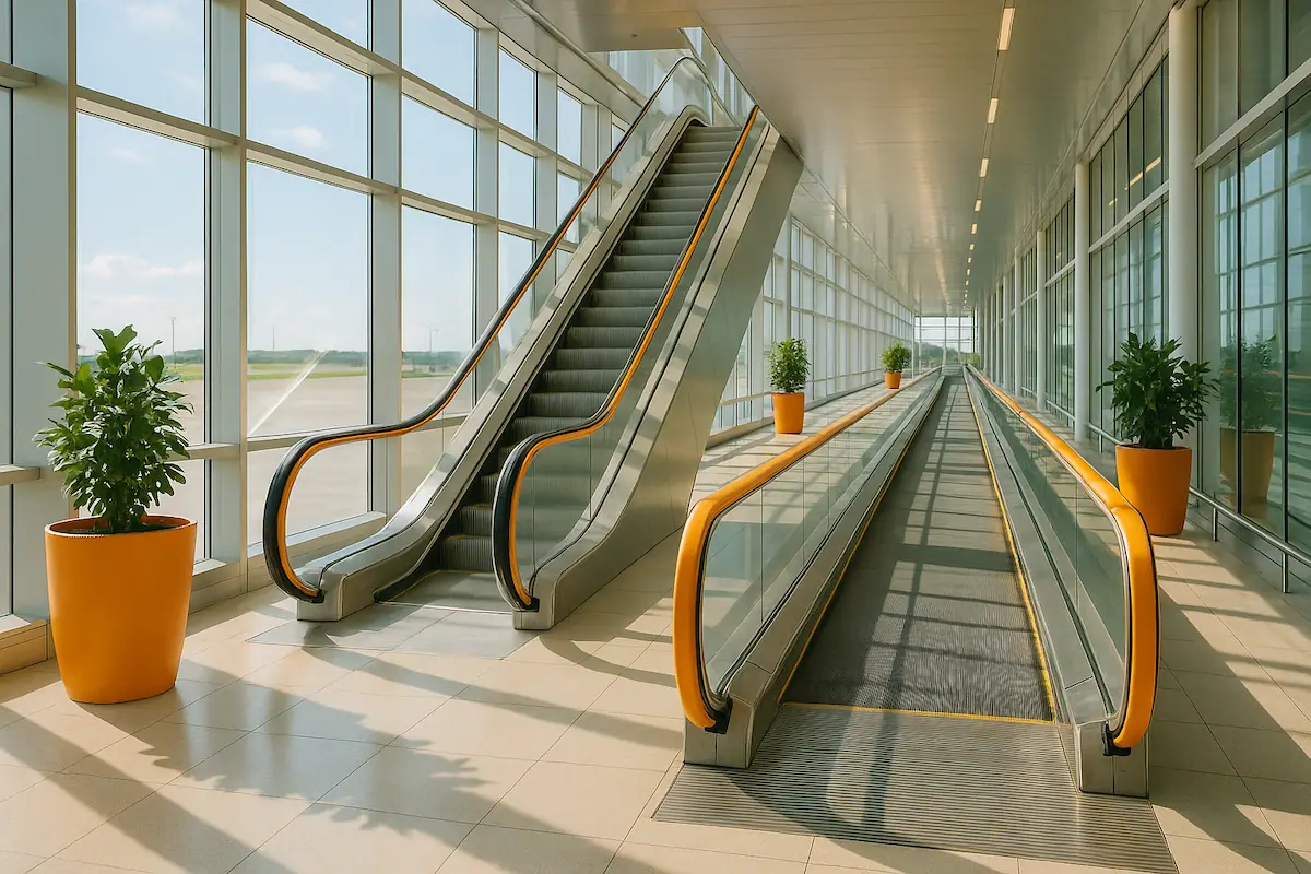 Modern escalator with glass balustrades in a public transport hub