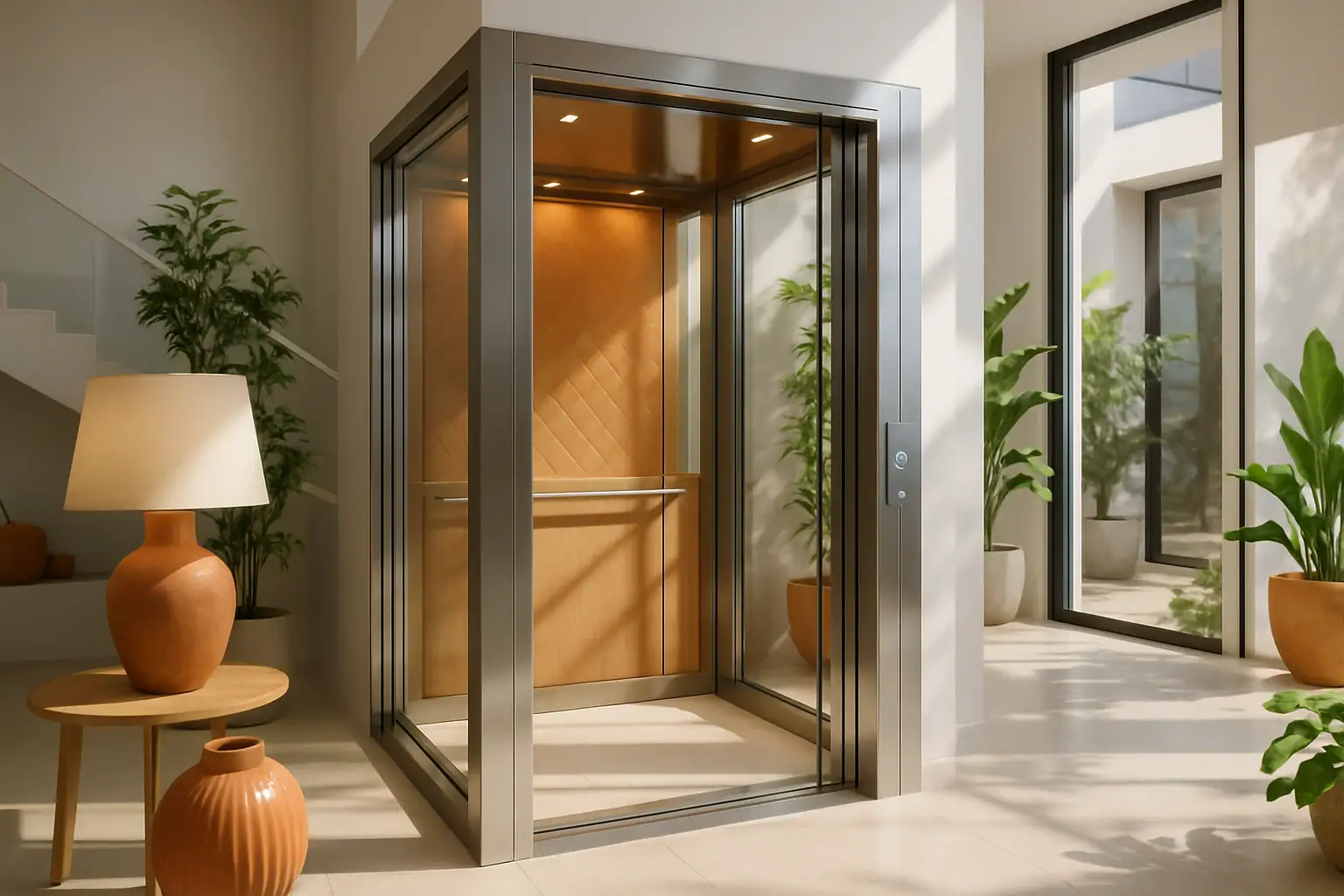 Elegant and compact home lift integrated into a modern living room