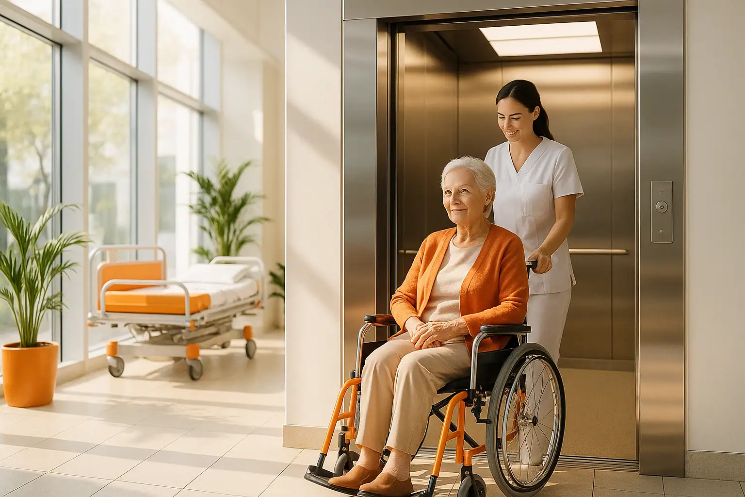 Spacious and clean hospital bed lift with stainless steel interiors