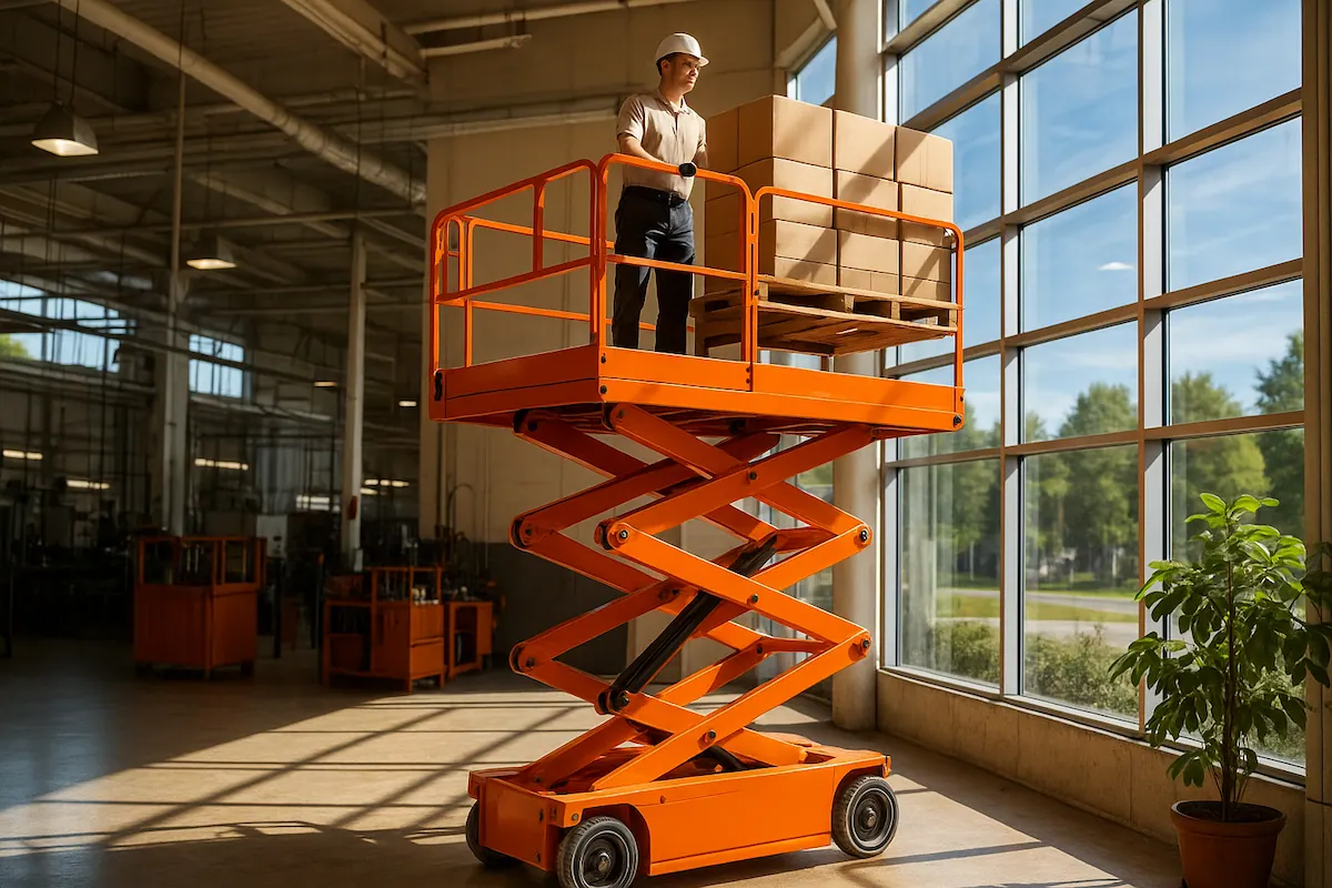 Industrial scissor lift used for vehicle maintenance